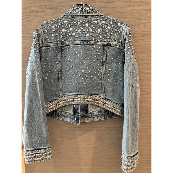 Alice + & Olivia Nelson Crystal Embellished Cropped Denim Jean Jacket Small Blue - Picture 11 of 11